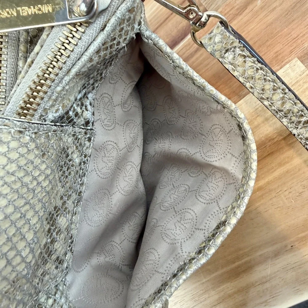 Michael Kors Snakeskin Embossed Leather Crossbody Bag Gold MK Logo Beige Tan